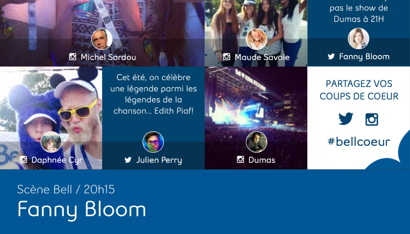 UGC display at Francos MTL featuring live social media posts from attendees, including photos, tweets, and event updates, showcasing audience engagement on large screens.