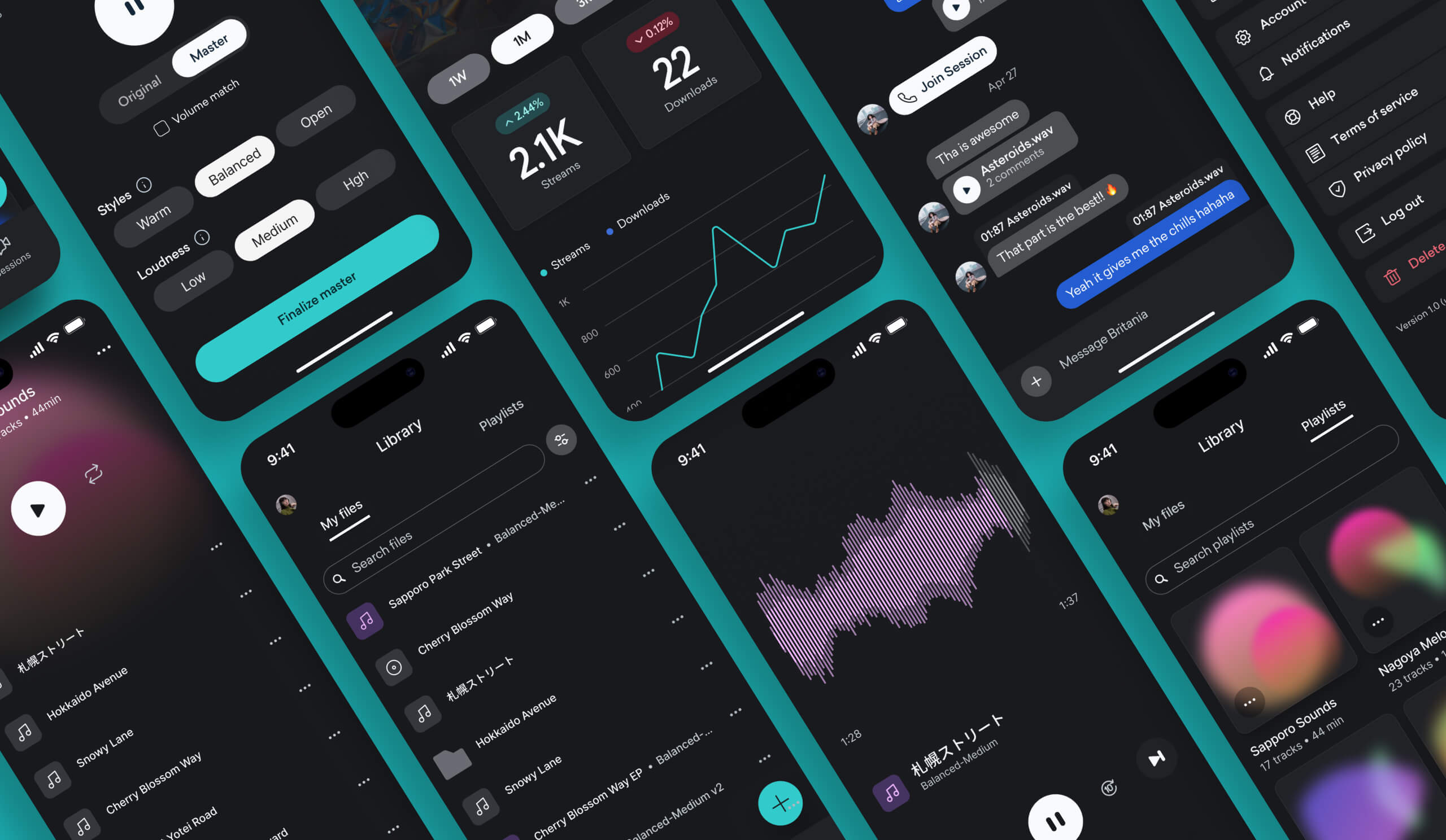 Collage of LANDR mobile app screens, including user profiles, audio player with soundwave visualizations, chat conversations, file library, and streaming stats (2.1K streams, 22 downloads).