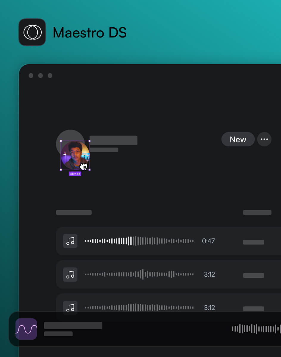 Maestro, LANDR's design system, with a dark-themed header and a blurred interface preview showing a user profile and navigation elements.