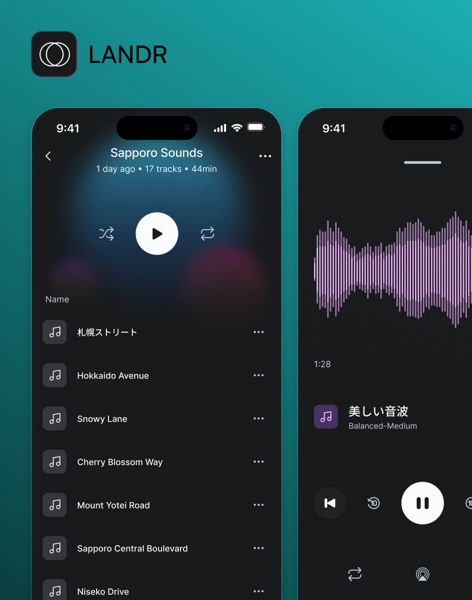 LANDR Mobile App interface collage showing dark-themed screens with audio streaming stats (2.1K streams), library, playlists, and chat features, labeled 'A second chance at making a first impression'.