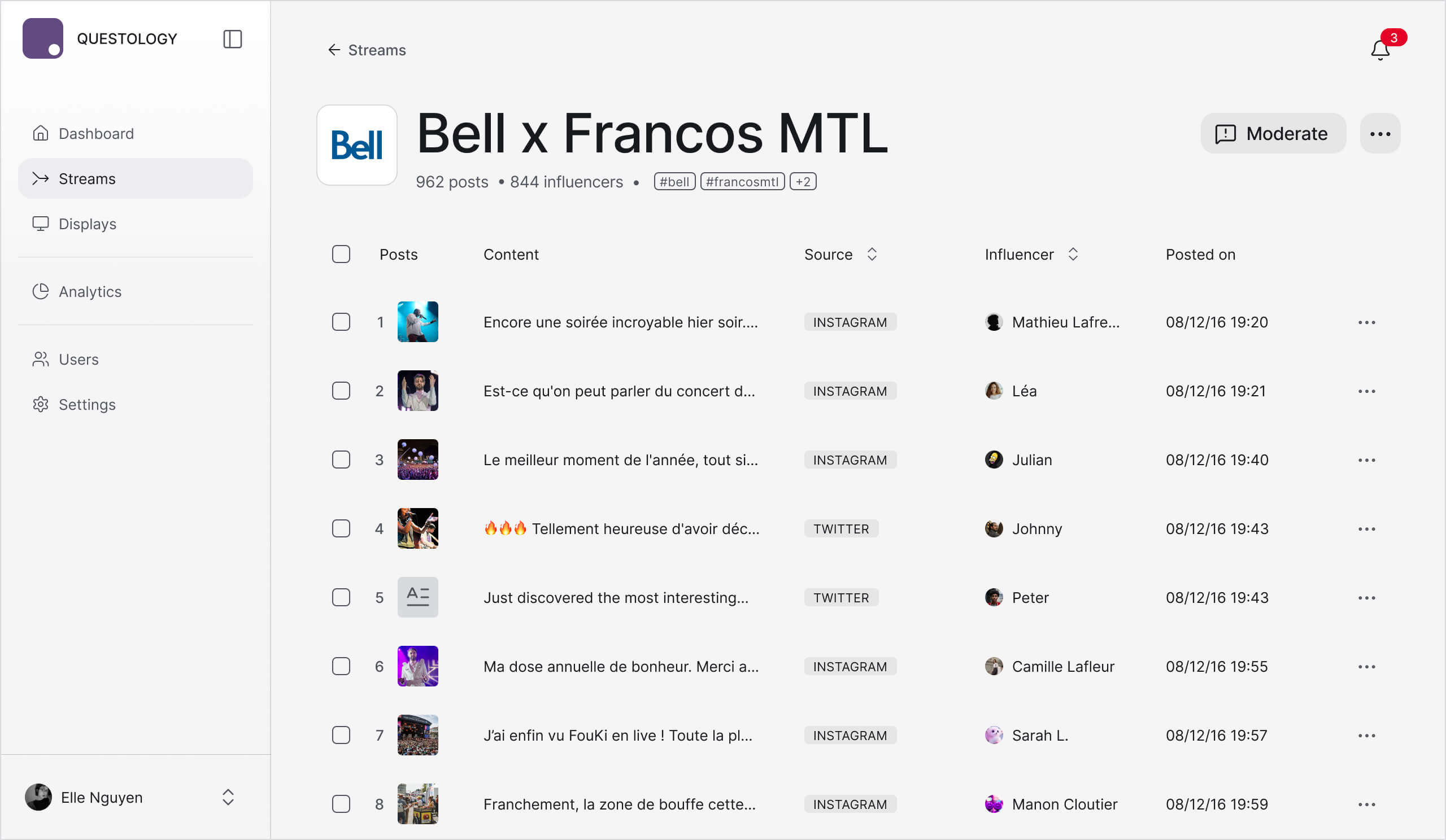 Questology dashboard showing a Bell x Francos MTL UGC stream with 962 posts, 844 influencers, and a moderation queue for Instagram and Twitter content.