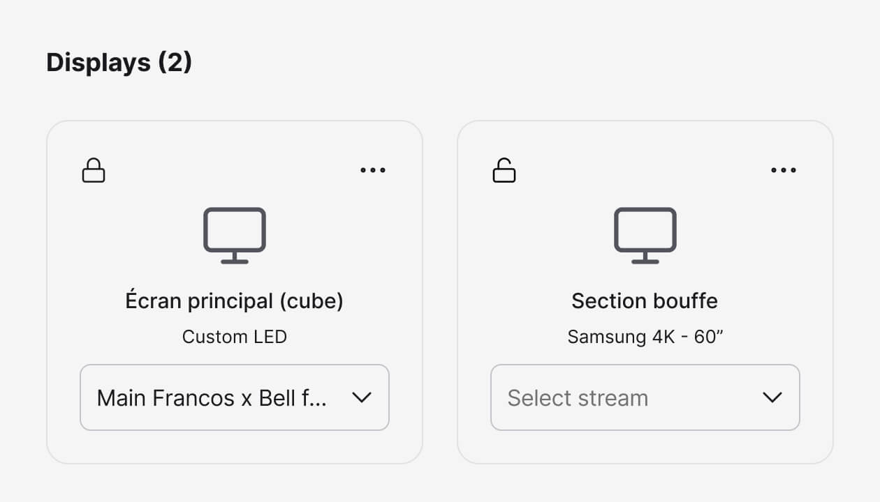 Displays setup for UGC broadcasting: 'Écran principale (cube)' with a Custom LED screen for the 'Main Francos x Bell' stream, and 'Section bouffe' with a Samsung 4K 60-inch screen for a selectable stream.